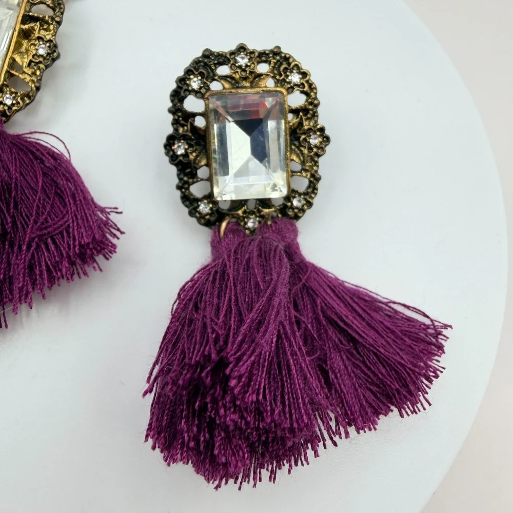 Vintage Y2K Gold Tone Purple Tassel Emerald Cut Earrings Women's Classic Jewelry